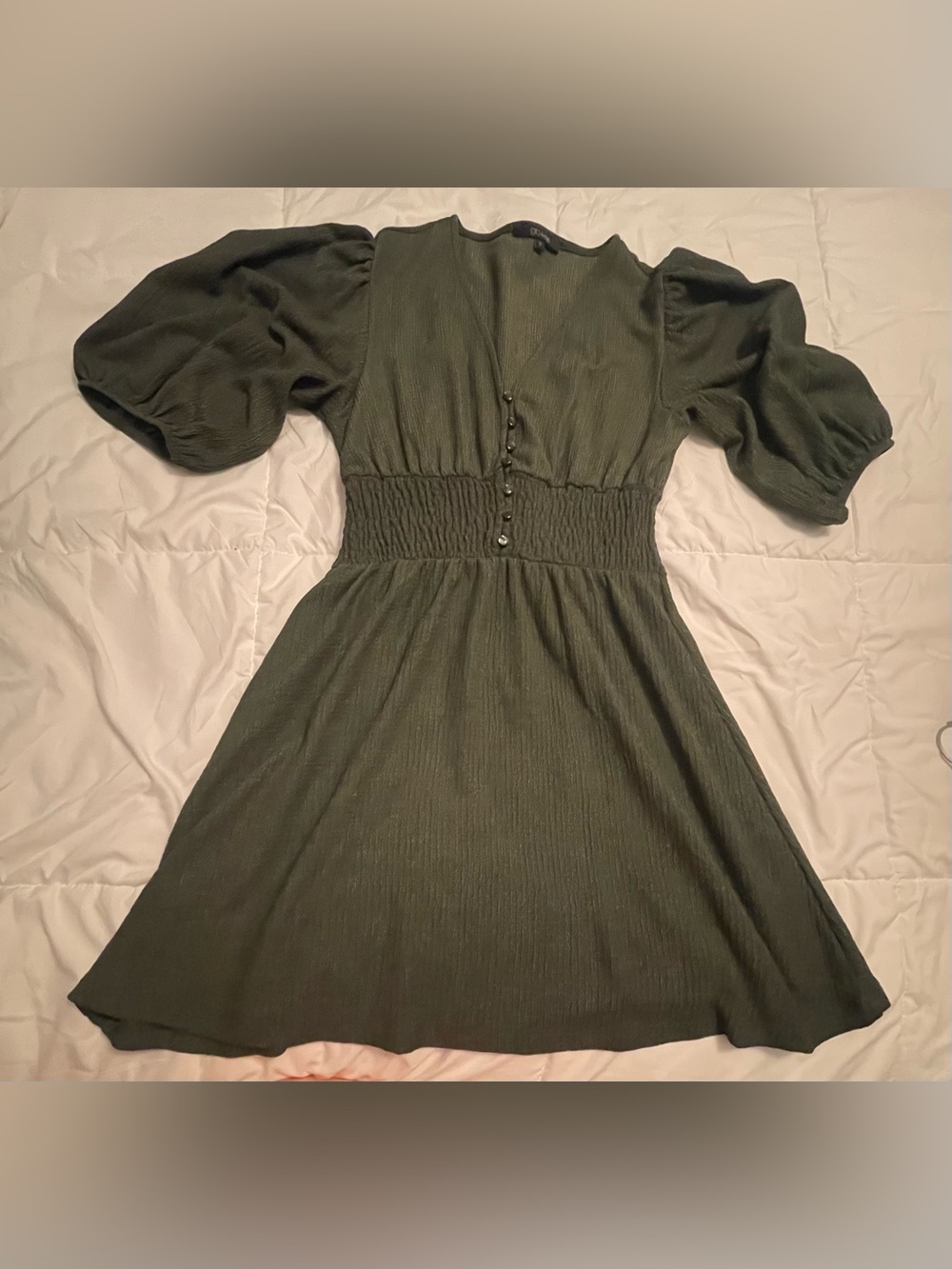 Smocked Waist Olive Puff Sleeve Midi Dress